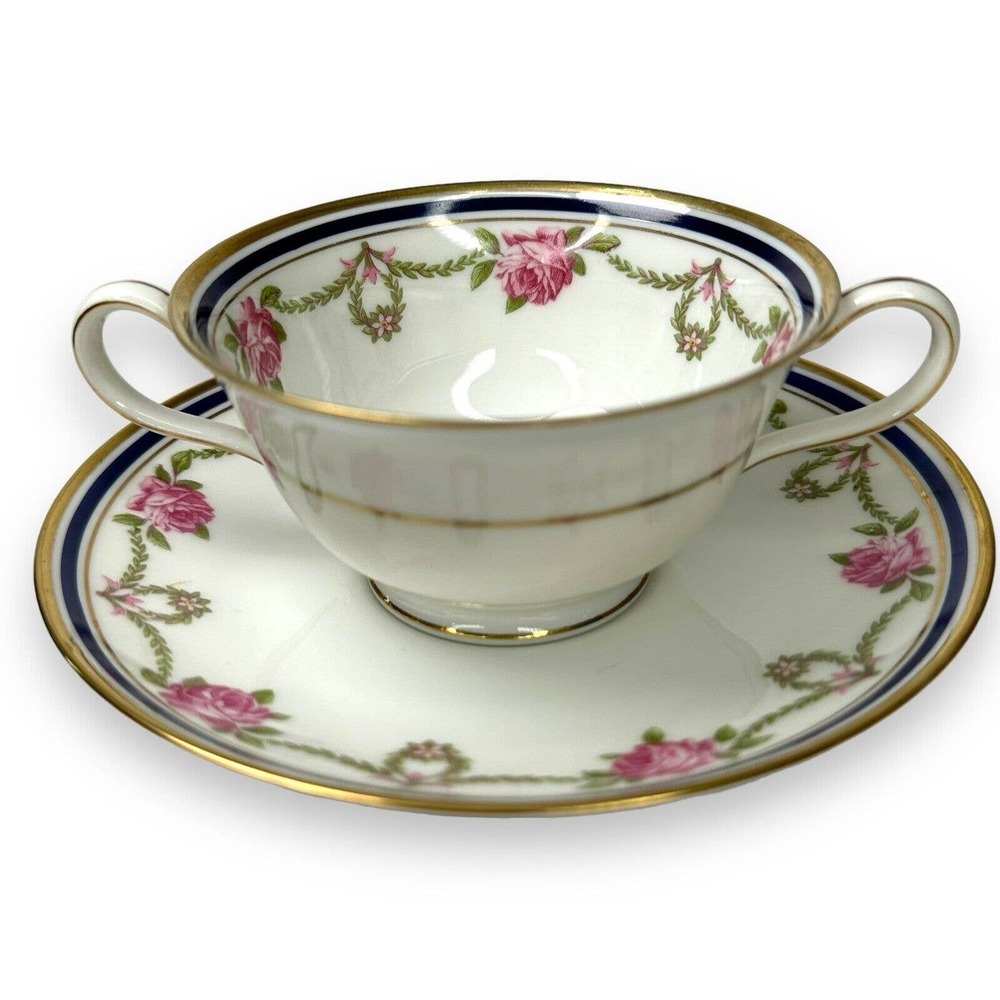 VTG C. Ahrenfeldt Limoges Porcelain Double Handled Cream Soup Bowl & Saucer